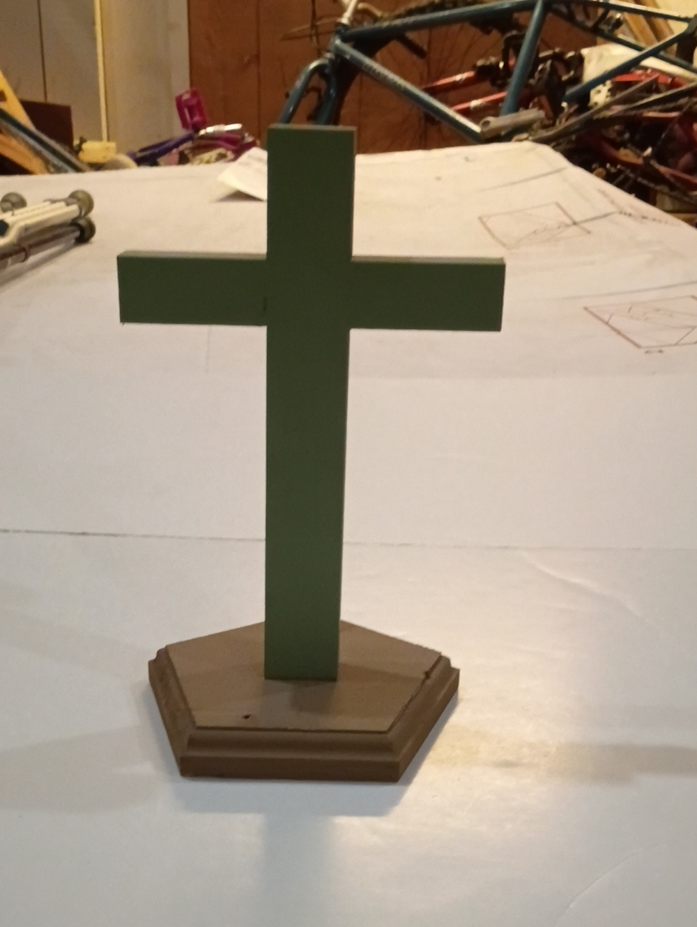 Green Wooden Cross Home Art on Brown Base - Unbranded
